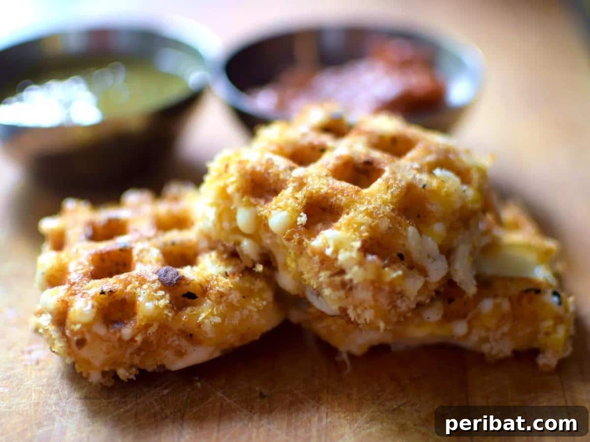Crispy, golden-brown fried cheese squares cooked in a waffle iron, showcasing a melted interior and distinct waffle pattern.
