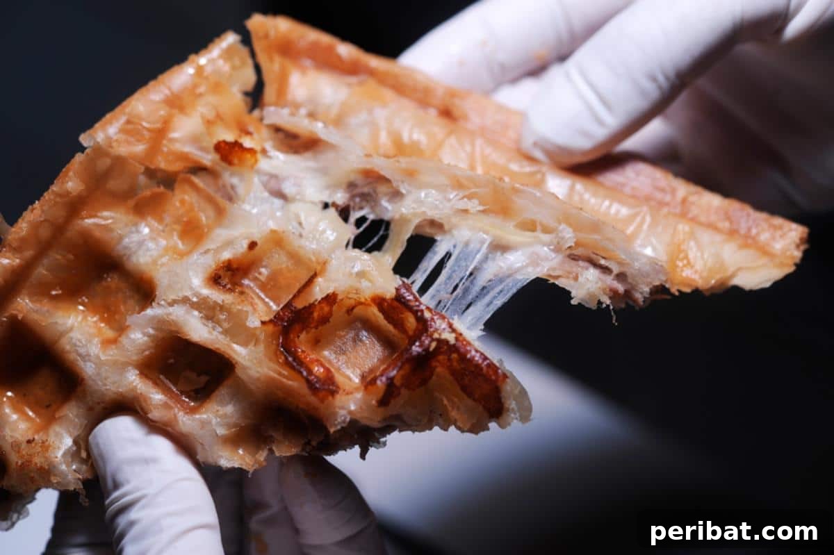 A savory Philly cheese steak, pressed in a waffle iron, with melted cheese, thinly sliced beef, and onions on a toasted bun.