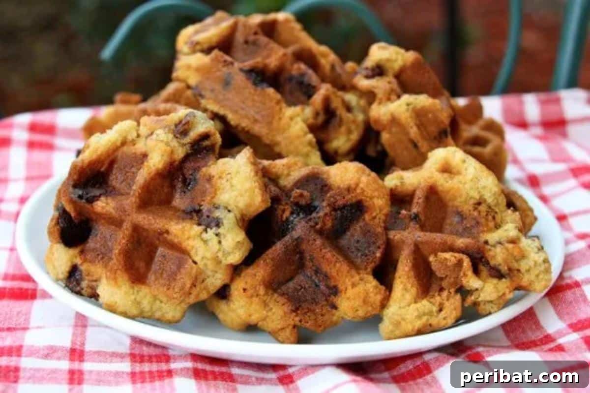 Warm, gooey chocolate chip cookies with crispy edges and distinct waffle patterns, fresh out of the waffle iron.