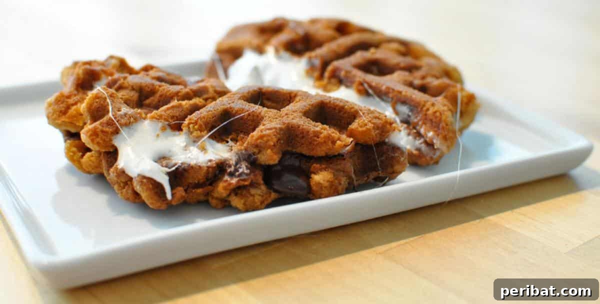 Decadent s'moreffles, made with graham cracker dough and melted mini marshmallows, cooked in a waffle iron, showcasing a gooey, rich texture.