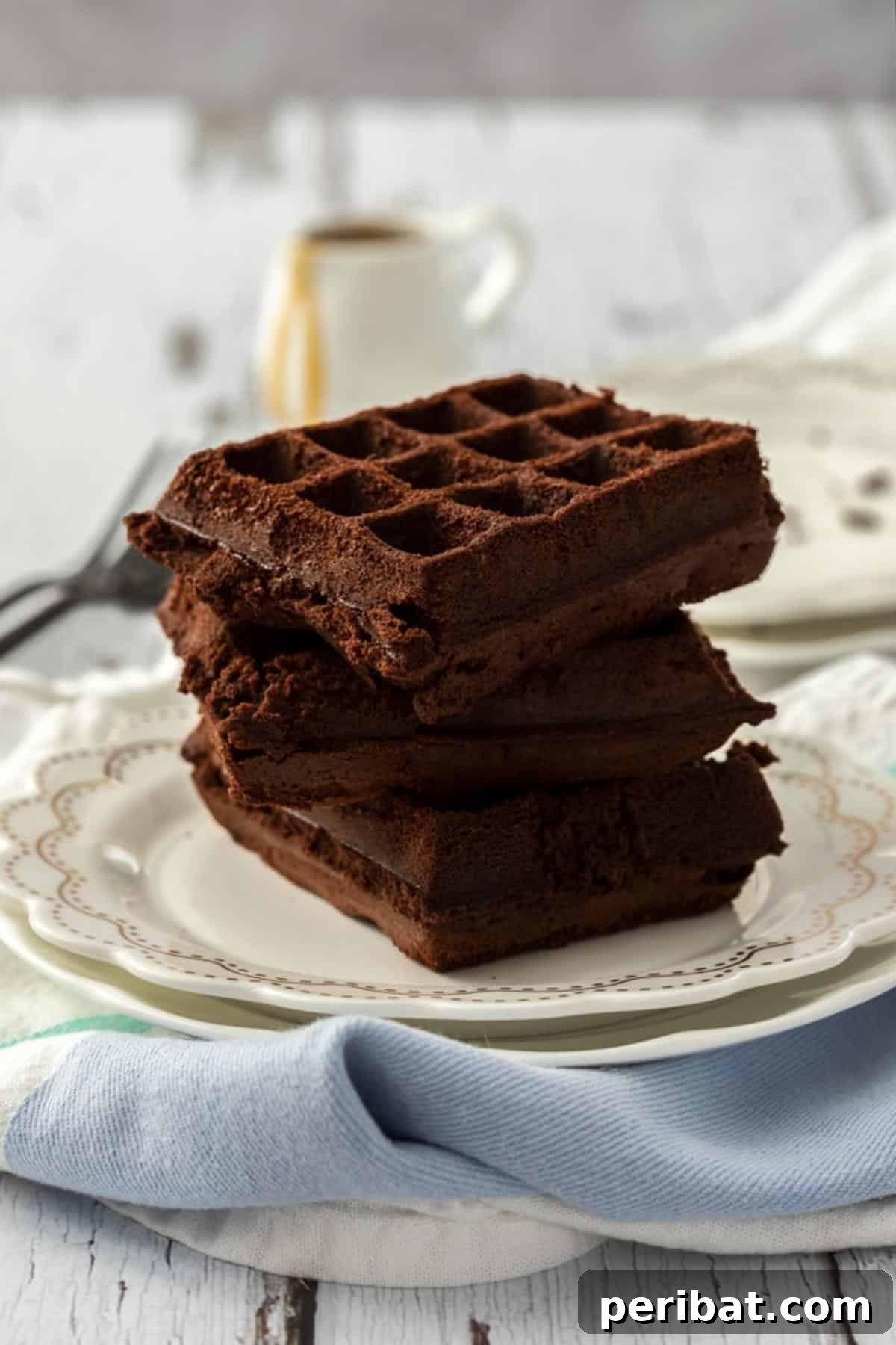 Rich, fudgy brownies with crispy waffle patterns, baked to perfection in a waffle iron, topped with chocolate syrup.