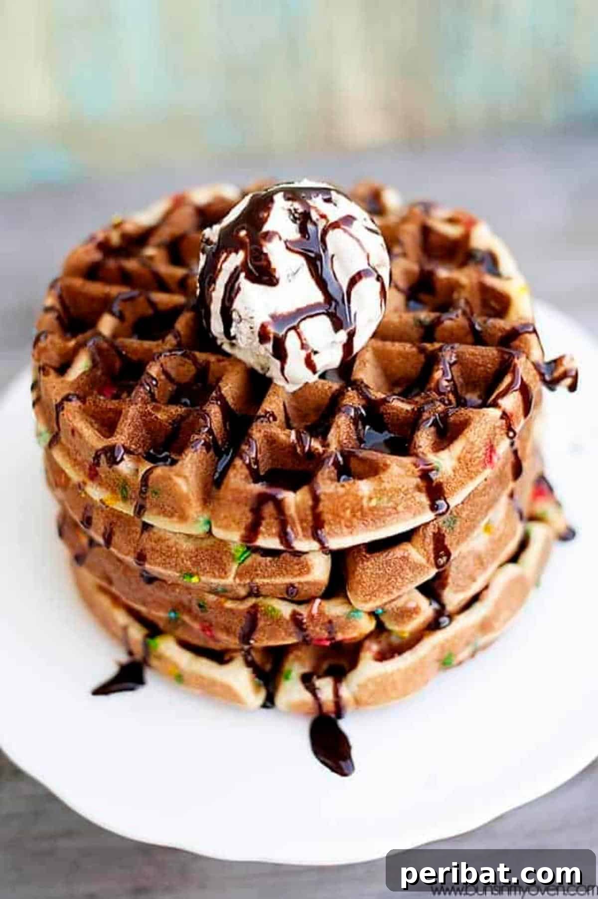 Colorful funfetti cake waffles, fluffy and festive, topped with whipped cream and sprinkles, cooked in a waffle iron.