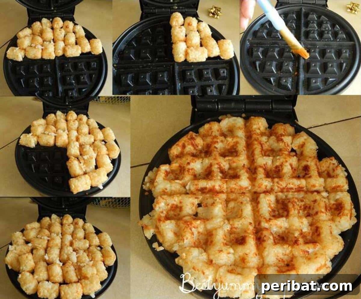 Crispy, golden-brown hashbrowns with deep waffle grid marks, perfect as a breakfast side.