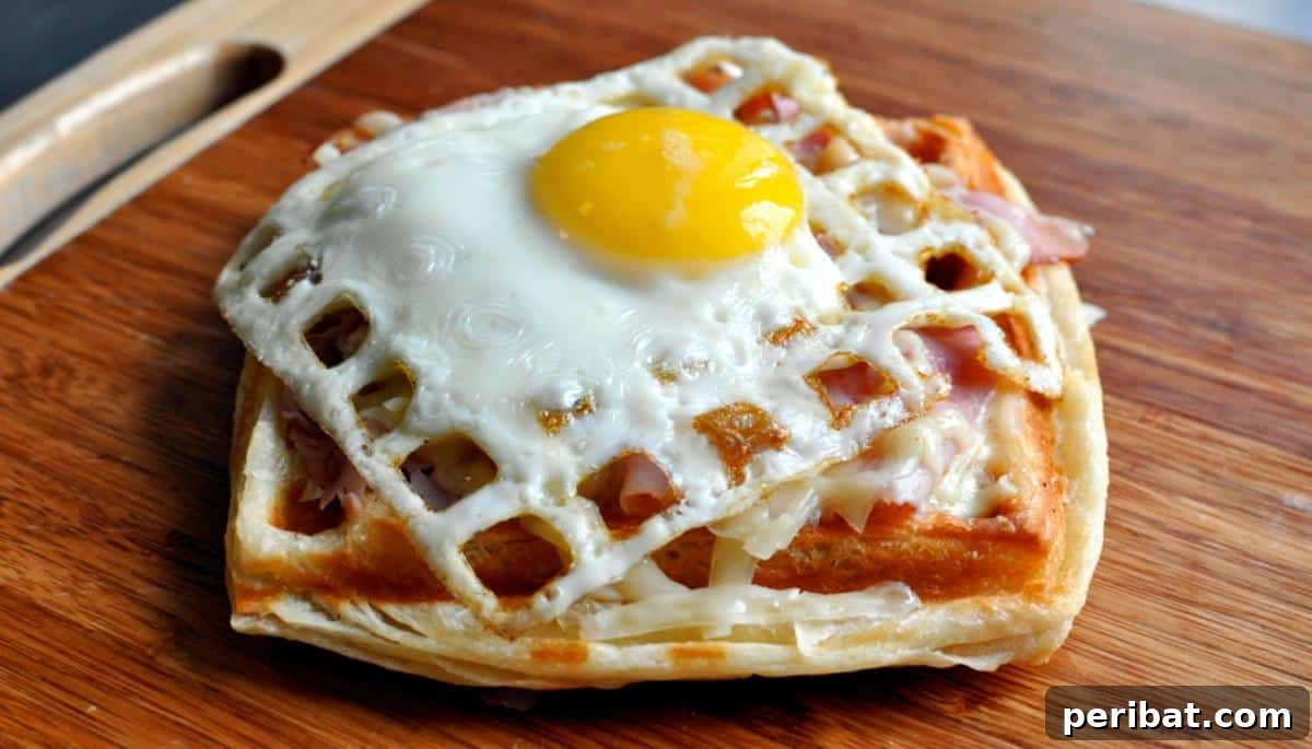 A decadent waffled Croque Madame breakfast sandwich, featuring a crispy croissant base, ham, cheese, and a sunny-side-up egg on top, with distinct waffle marks.