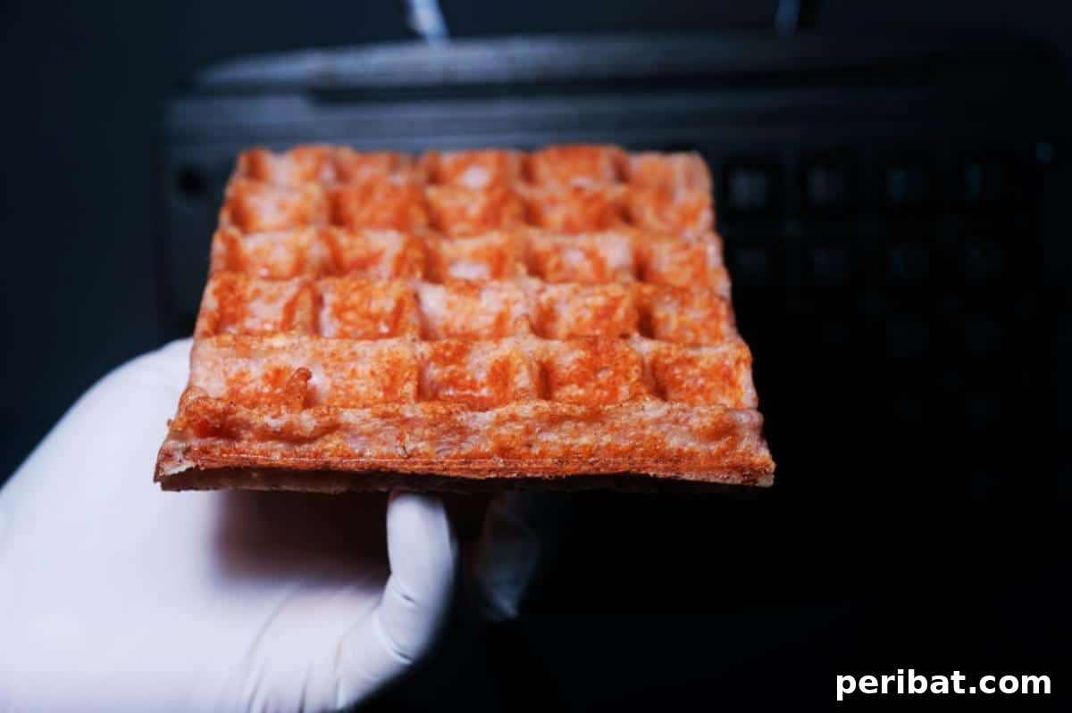 Crispy corned beef hash cooked in a waffle iron, creating a textured surface and golden-brown crust.