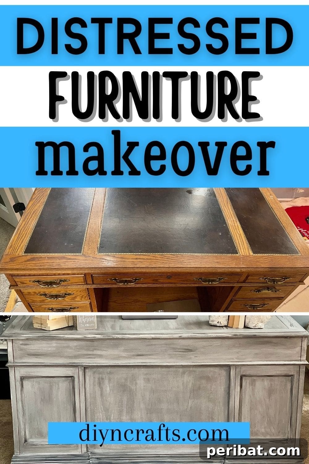 A charming collage showcasing various aspects of the finished distressed wood desk in a modern farmhouse setting.