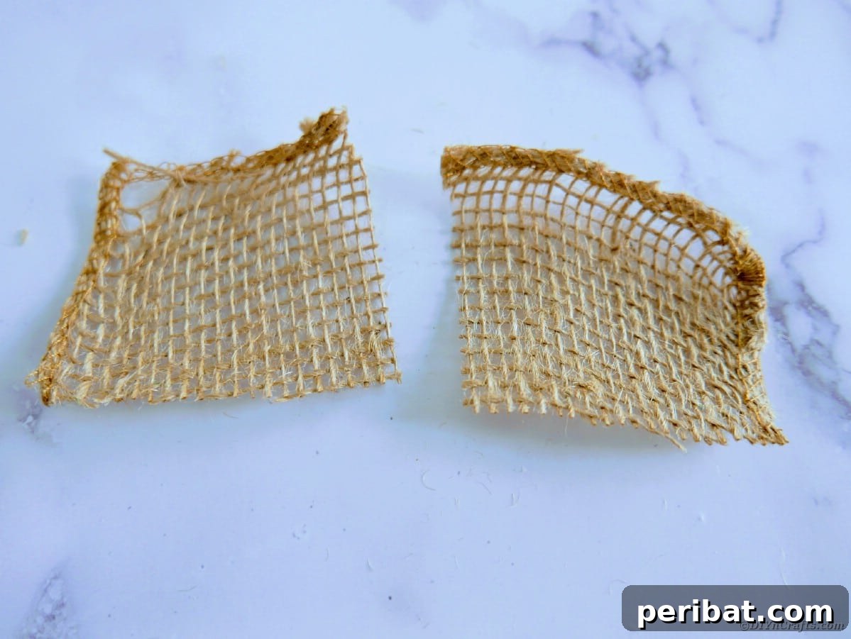 Create a Charming Burlap Hedgehog Decoration 15 Cutting burlap ribbon into small square pieces for the hedgehog's body