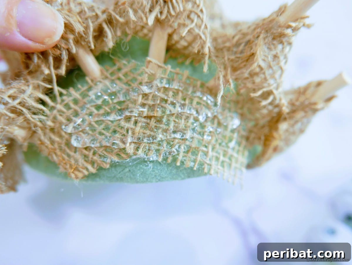 Create a Charming Burlap Hedgehog Decoration 18 Adding final burlap squares to the front of the hedgehog body