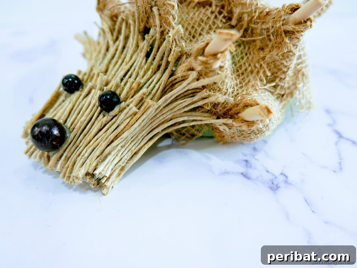 Create a Charming Burlap Hedgehog Decoration 4 Close-up of a burlap hedgehog featuring detailed twine work on its back