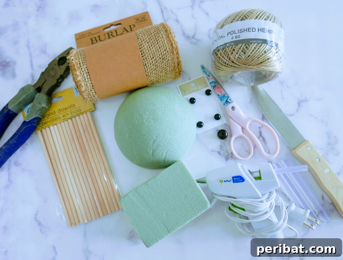 Create a Charming Burlap Hedgehog Decoration 7 Tools and materials for making a burlap hedgehog, including foam, twine, and ribbon