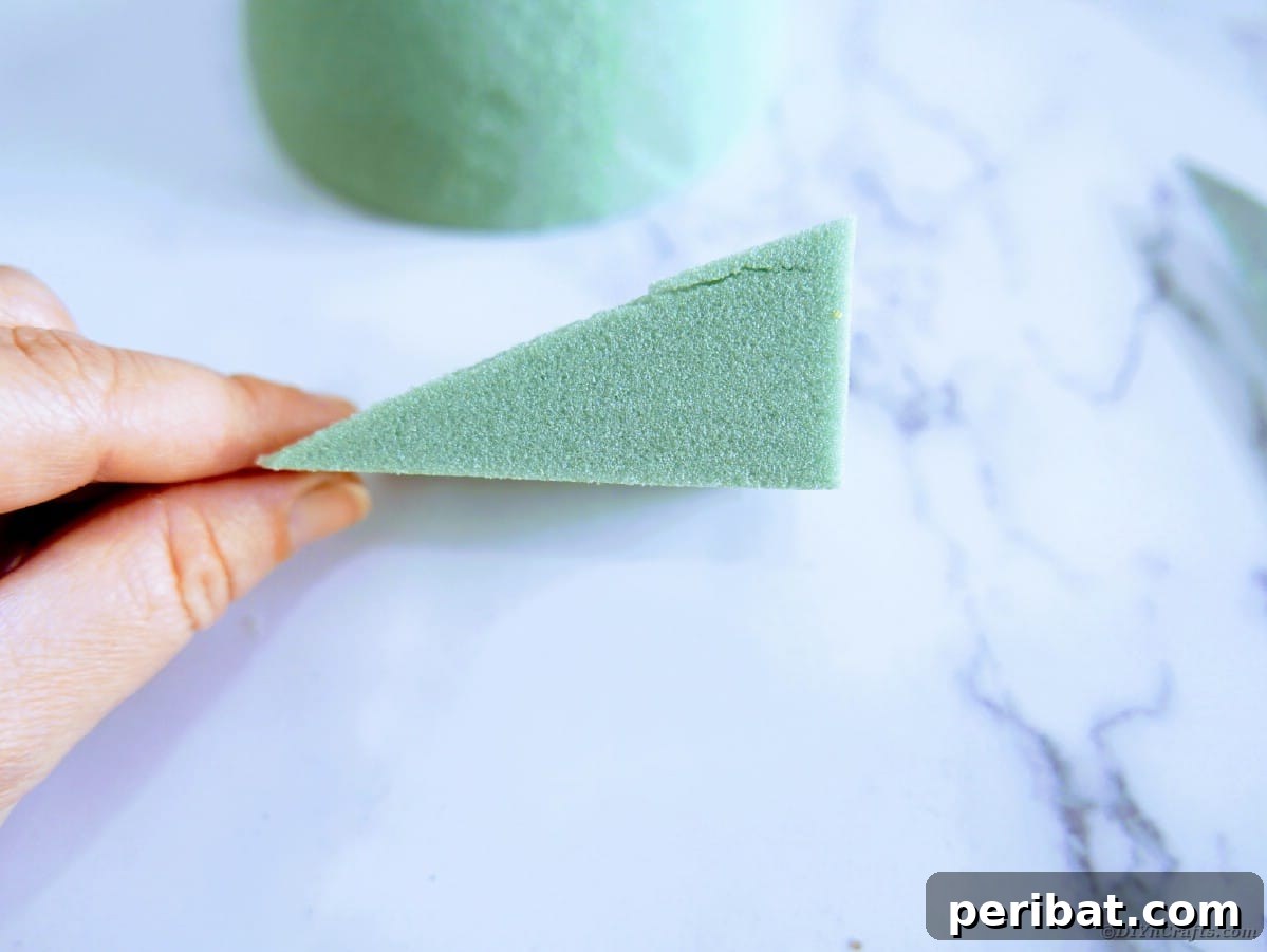 Create a Charming Burlap Hedgehog Decoration 8 Cutting floral foam brick at an angle to create a triangular shape
