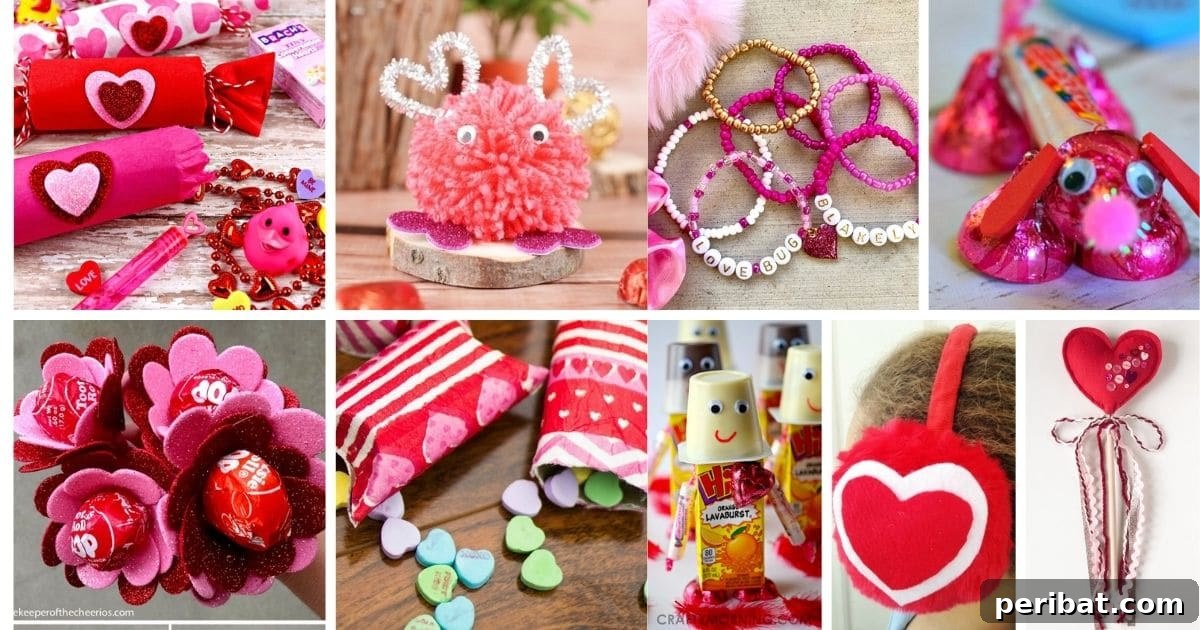 Crafty Cupid: Valentine's Day Gifts Kids Can Make 2 A collage of various DIY Valentine's Day gifts and crafts suitable for children, including candy robots, heart-shaped earmuffs, and custom crayons.