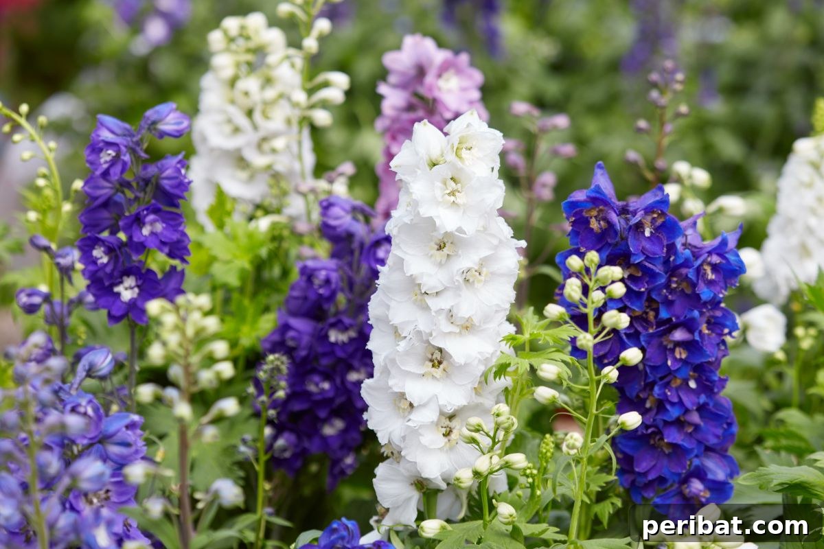 Hummingbird Haven: 30 Flowers for a Buzzing Garden 4 An array of delphinium flowers in shades of white, blue, and violet, standing tall and vibrant.