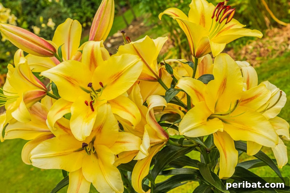 Hummingbird Haven: 30 Flowers for a Buzzing Garden 8 Beautiful yellow lily flowers with prominent stamens, showcasing their classic trumpet shape.