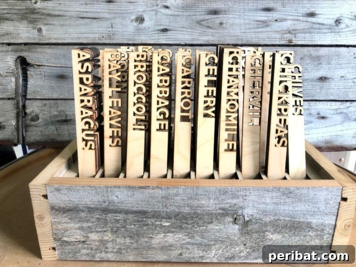 Glowforge printed garden markers in wooden box