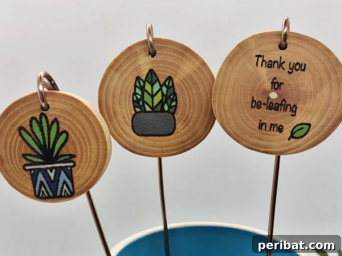 Wood slice garden markers in pot