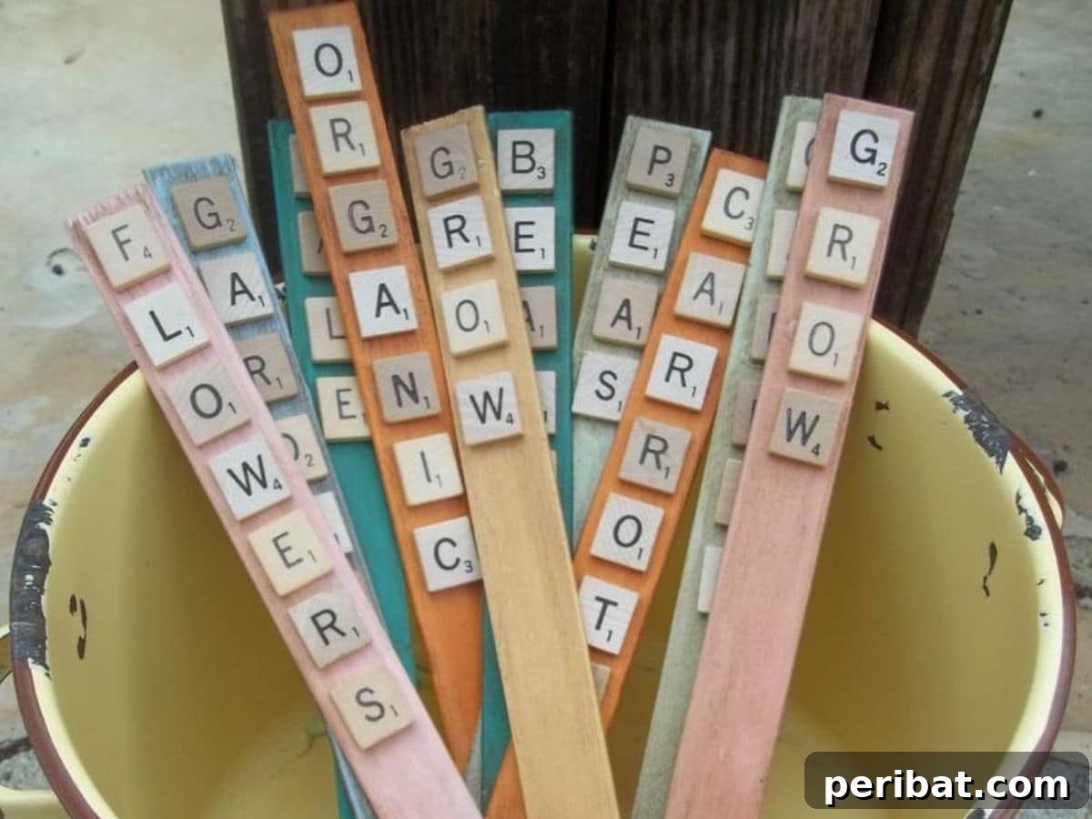 Yellow bucket with scrabble tile plant markers