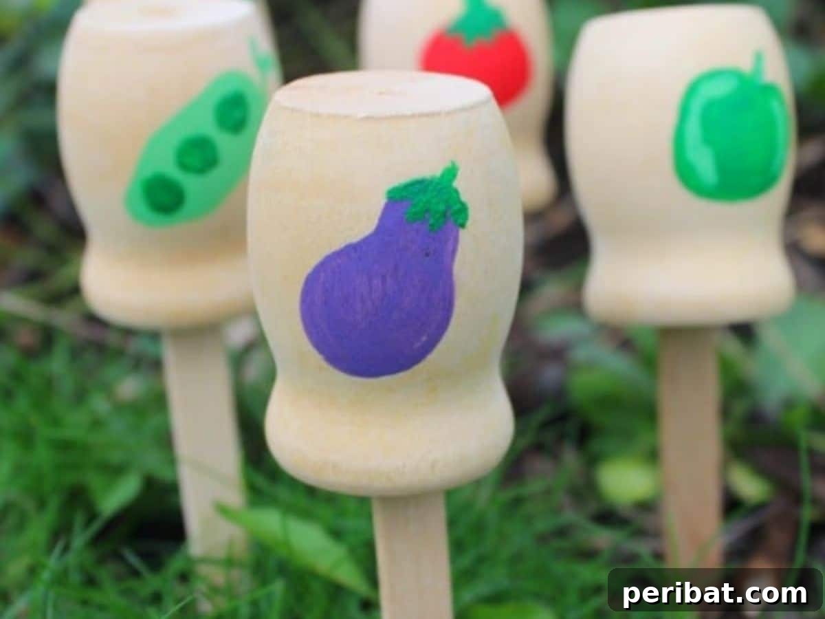 Wooden garden markers in garden