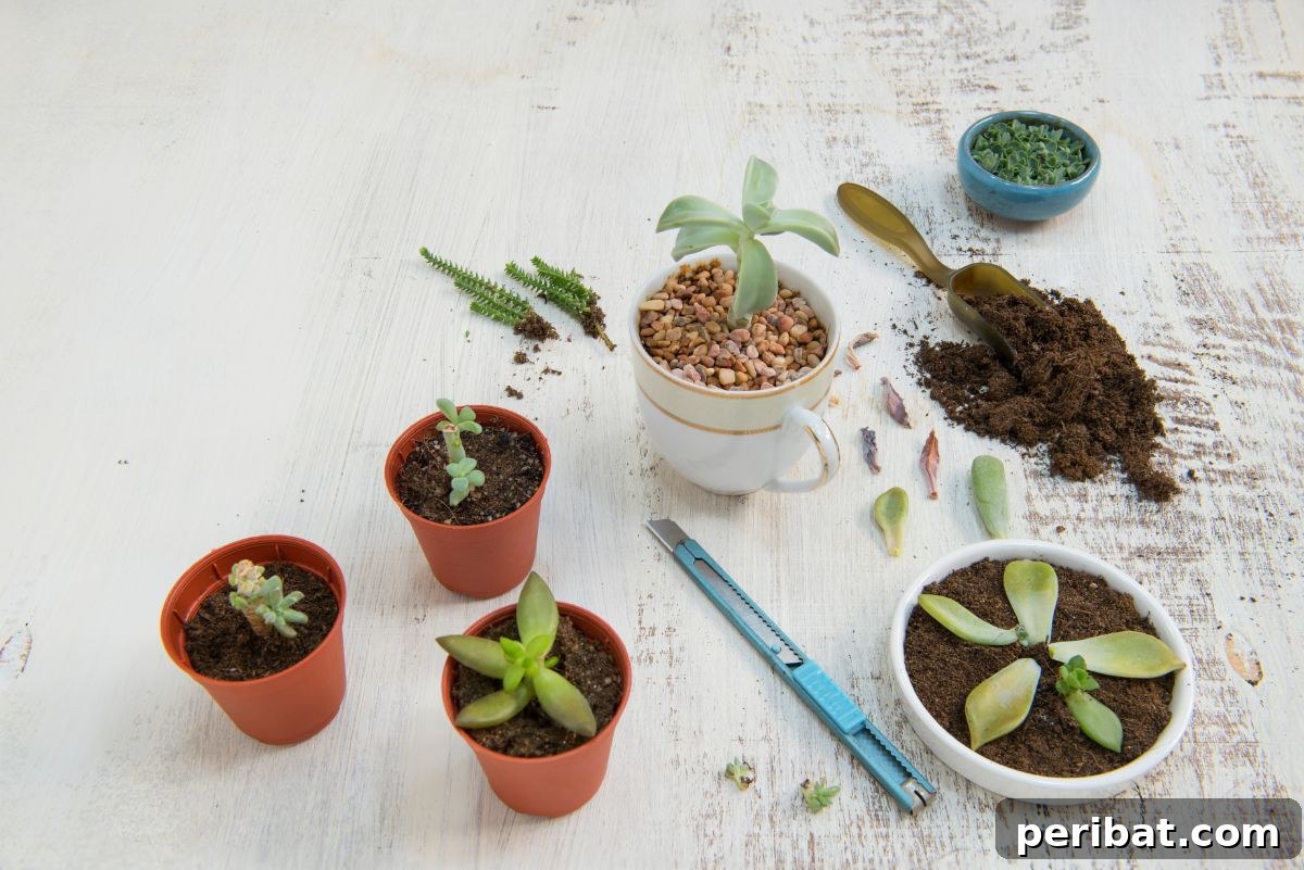 Simple Secrets for Propagating Succulents 22 succulent offsets in a pot, showing small 'baby' succulents growing around the base of a mother plant