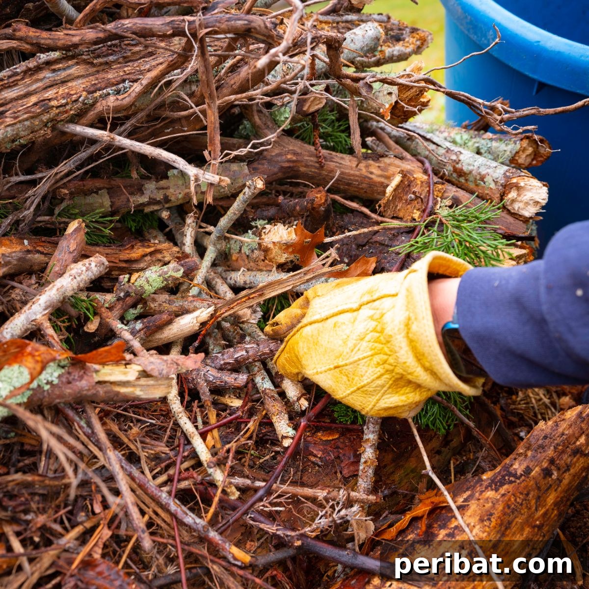 inserting tree branches for hugelkultur bed