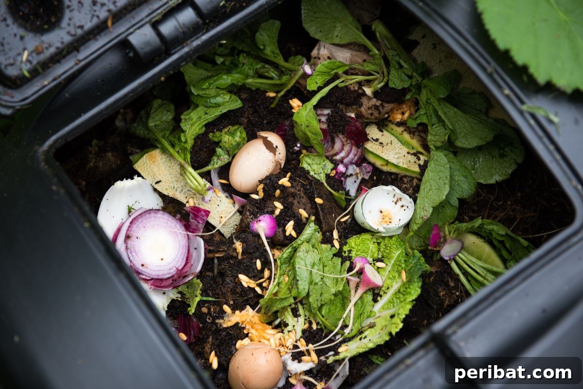 compost bin with food scraps and grass cuttings