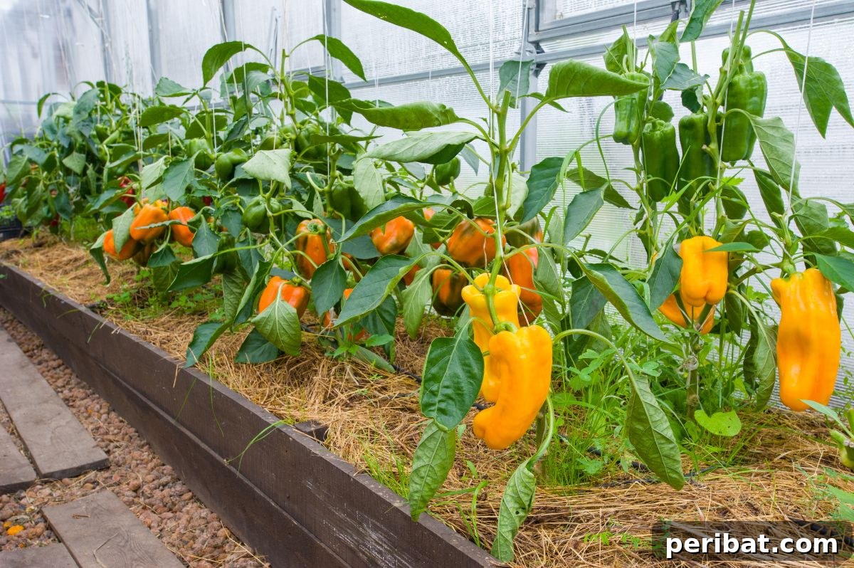 yellow pepper plants in a raised bed 