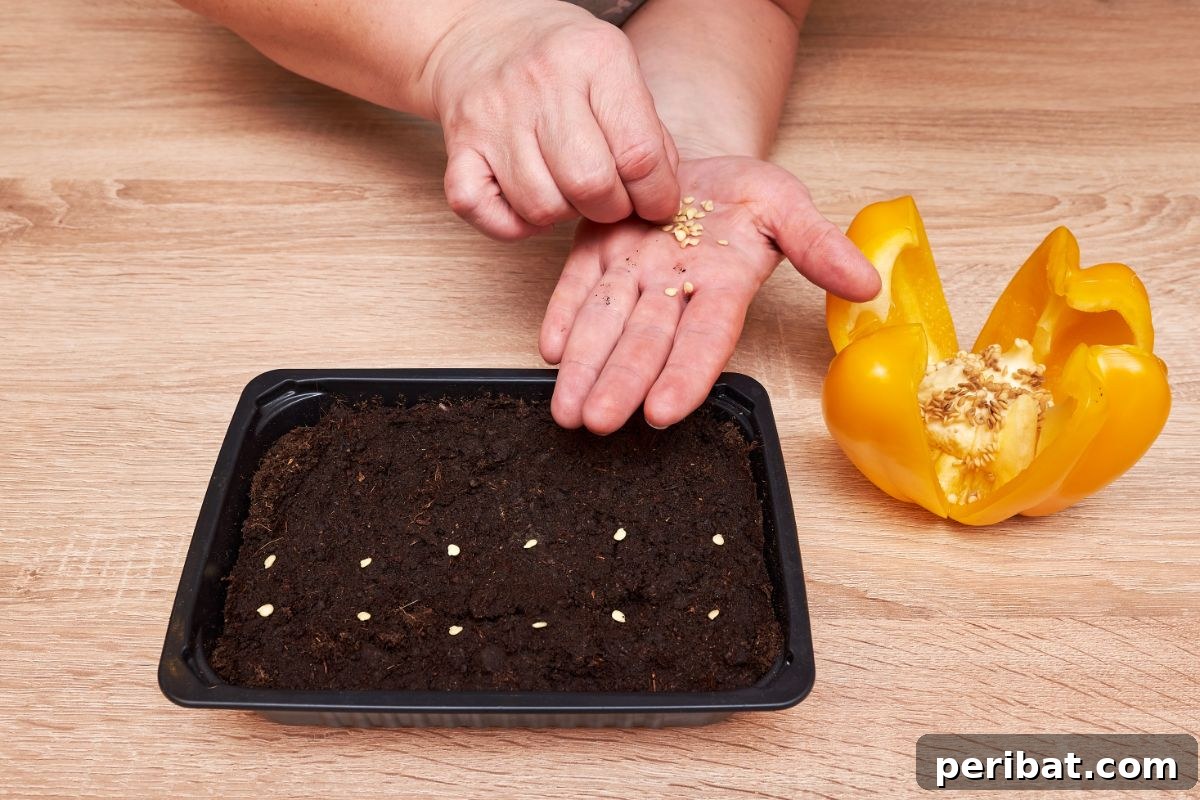 planting yellow pepper seedlings in a plastic container