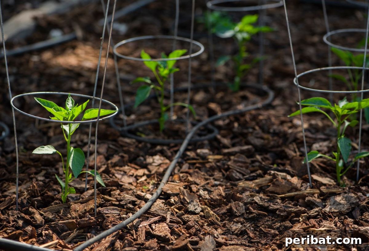 small pepper plants caged to help them grow