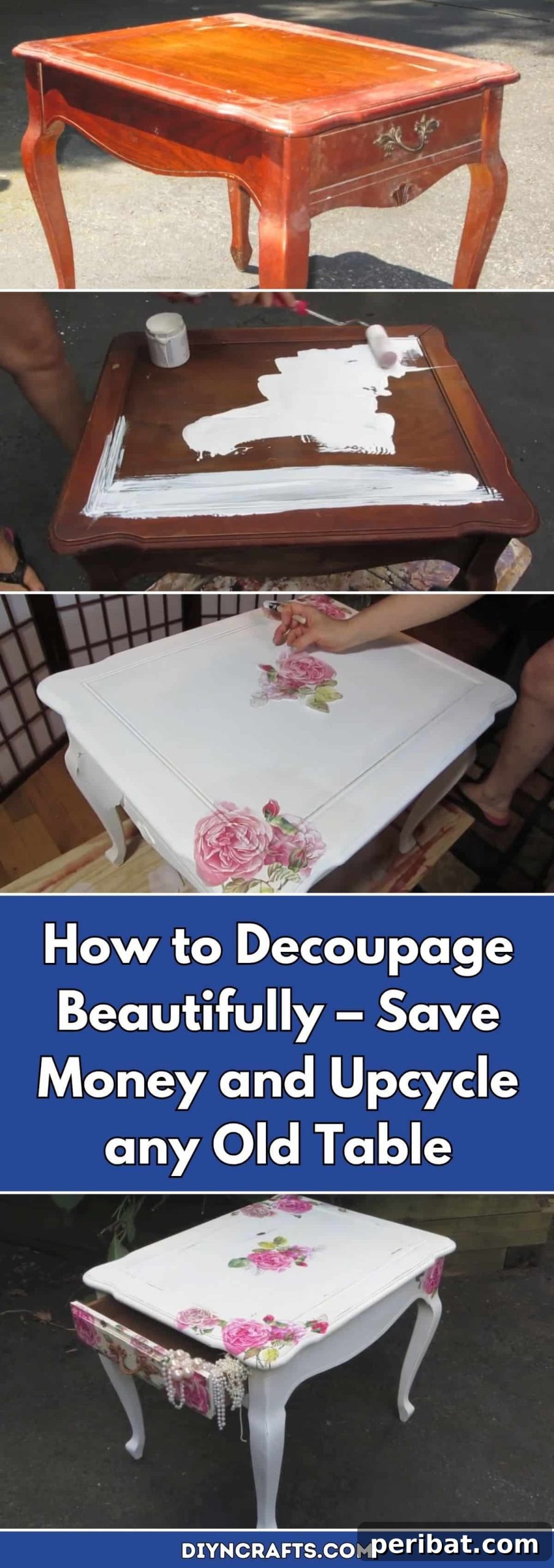 How to Decoupage Beautifully – Save Money and Upcycle any Old Table pinterest image