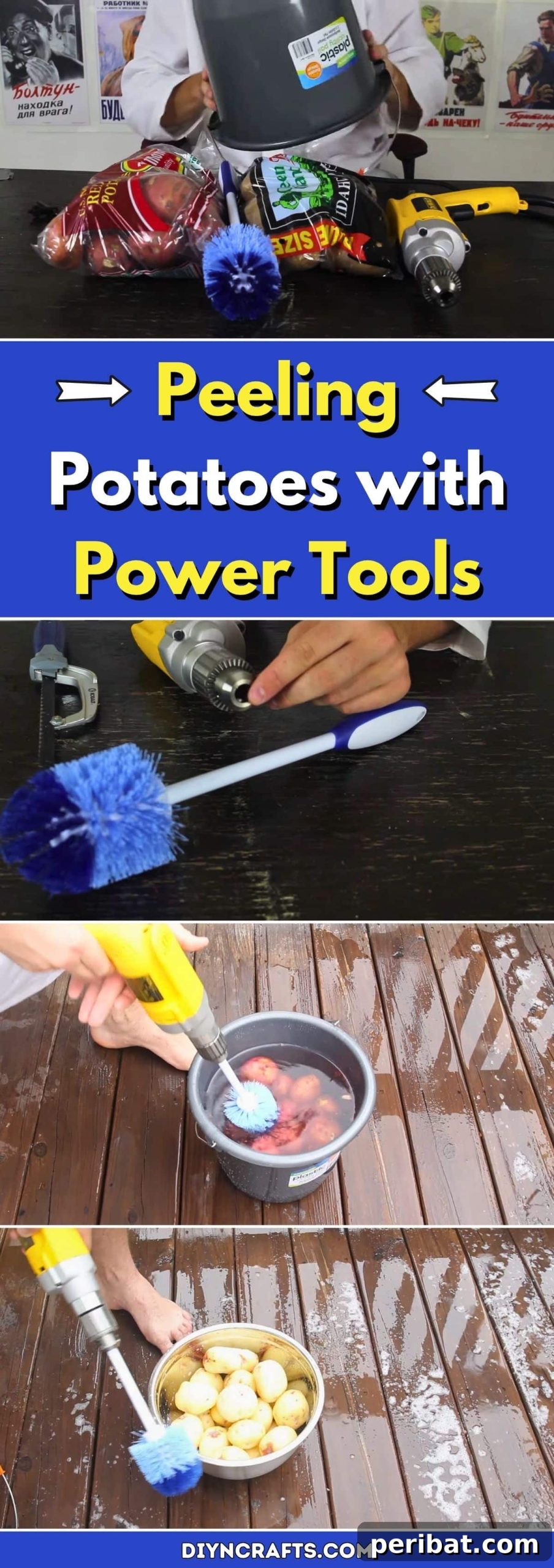 The Ultimate Power Tool Potato Peeling Hack 2 Probably the Best Food Hack You’ll Ever See: Peeling Potatoes with Power Tools - A new way to peel potatoes using a power drill and a toilet brush