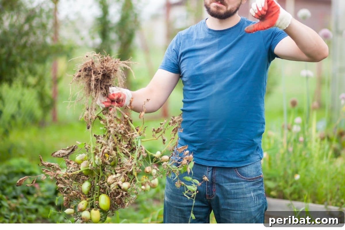 Yellow Tomato Leaves? 15 Simple Solutions & What Causes Them 8 discarding affected tomato plant, showing roots, dry leaves and yellow fruits