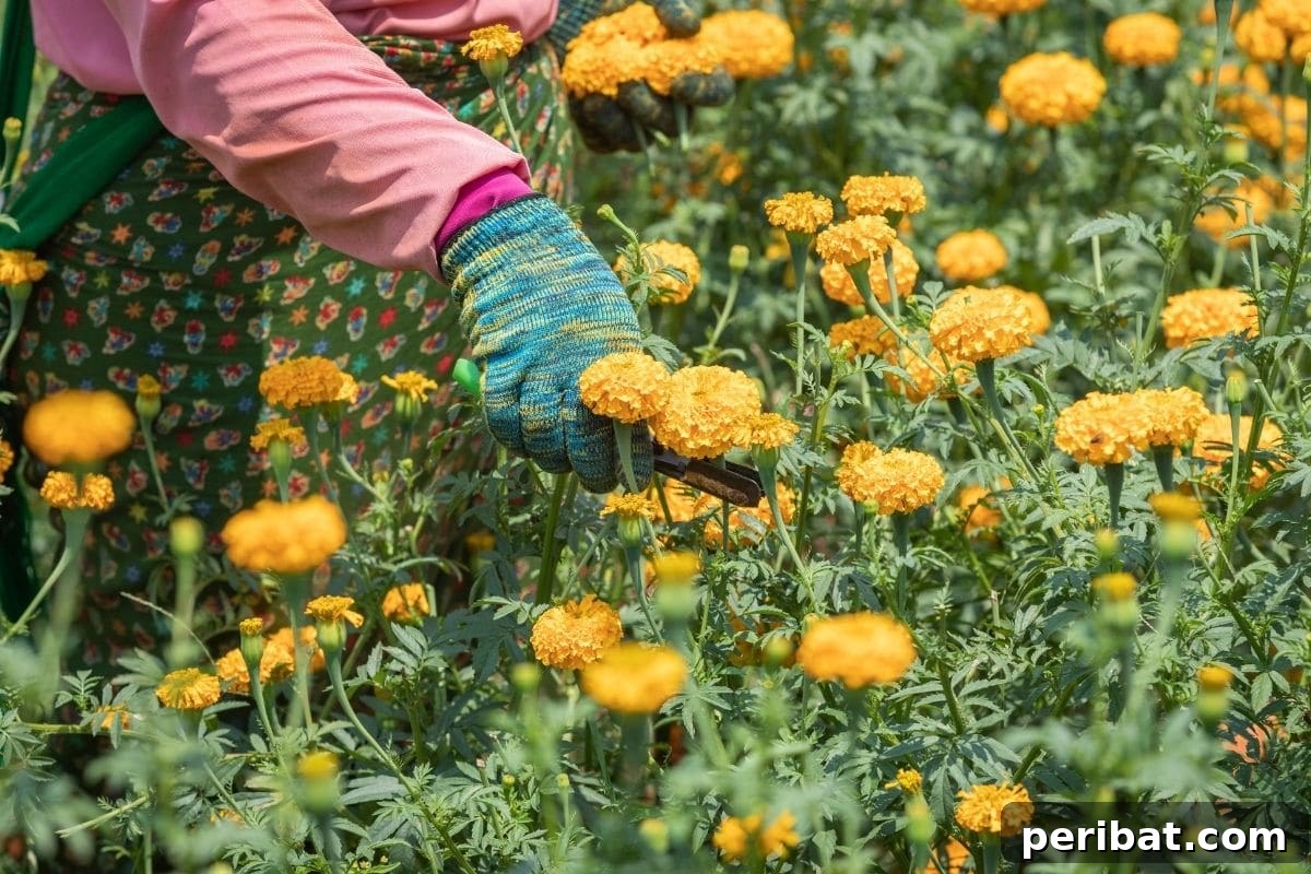 Harvest Beauty Year After Year: 8 Sunny Perennials for Your Dream Cutting Garden 13 A close-up shot of hands carefully cutting flower stems in a garden with sharp gardening shears, demonstrating the angled cut.