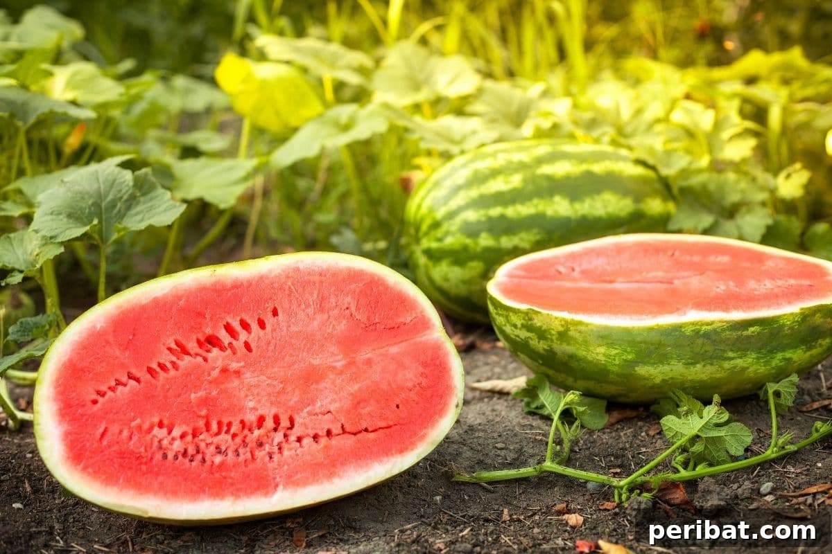 sliced watermelon into half in the garden 