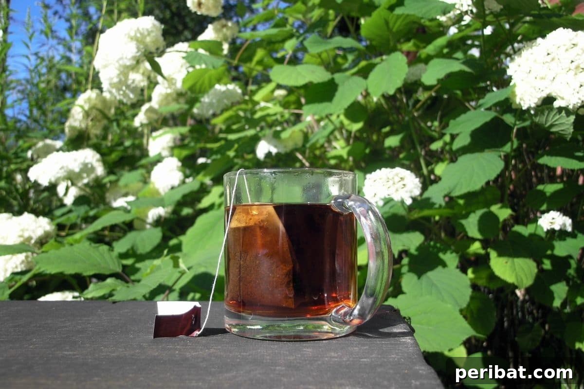 13 Clever Tea Bag Uses for a Healthier Garden 6 A person pouring cooled brewed tea into a potted plant in the garden.
