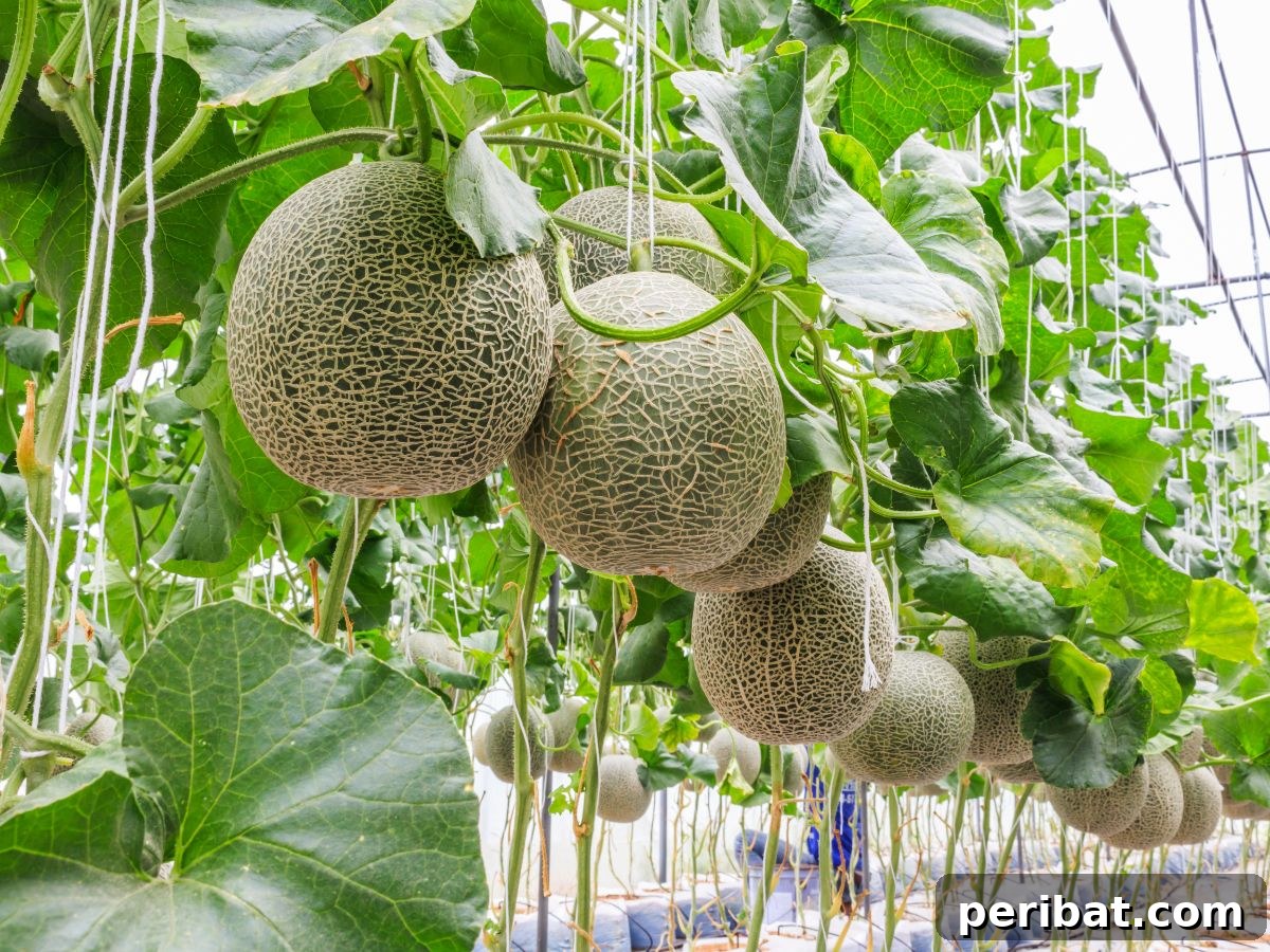 23 Plant Nemeses: Why Certain Species Should Never Coexist 3 hanging melon in the greenhouse, indicating a healthy cucurbit growth when isolated.