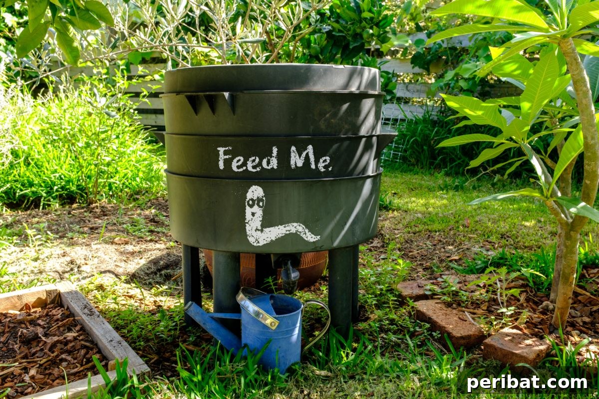 worm bin with a "feed me" sign in the backyard 