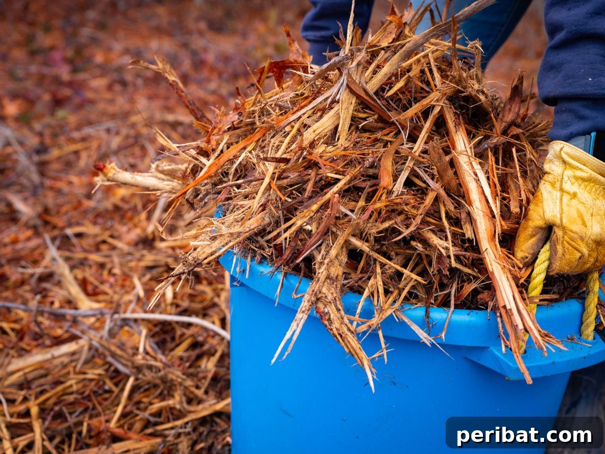 carrying a blue bucket filled with wood chips and dried leaves for Hugelkultur