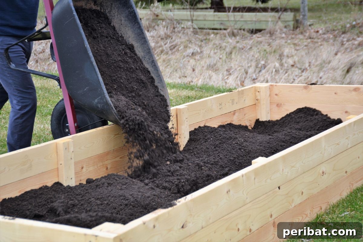 filling raised bed with soil 