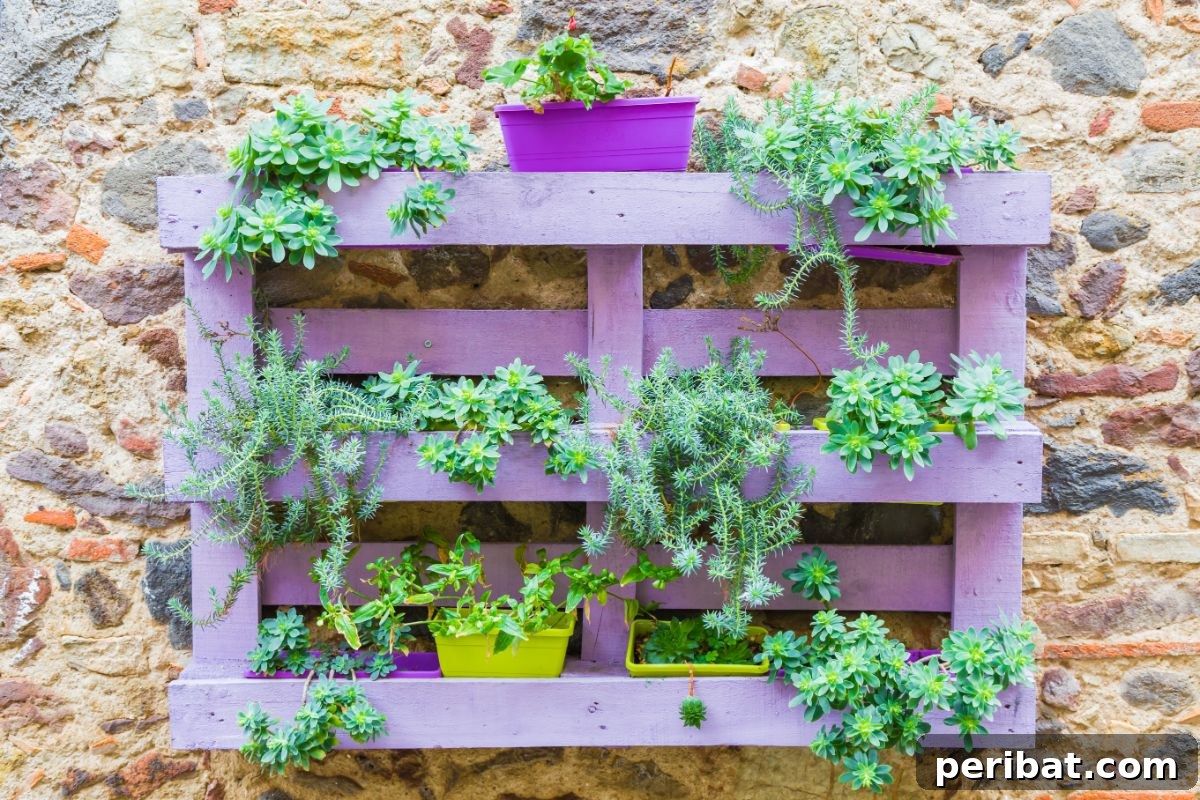 Unlock Your Pallet Garden's Potential: 11 Essential Hacks 7 purple pallet in a wall filled with plants