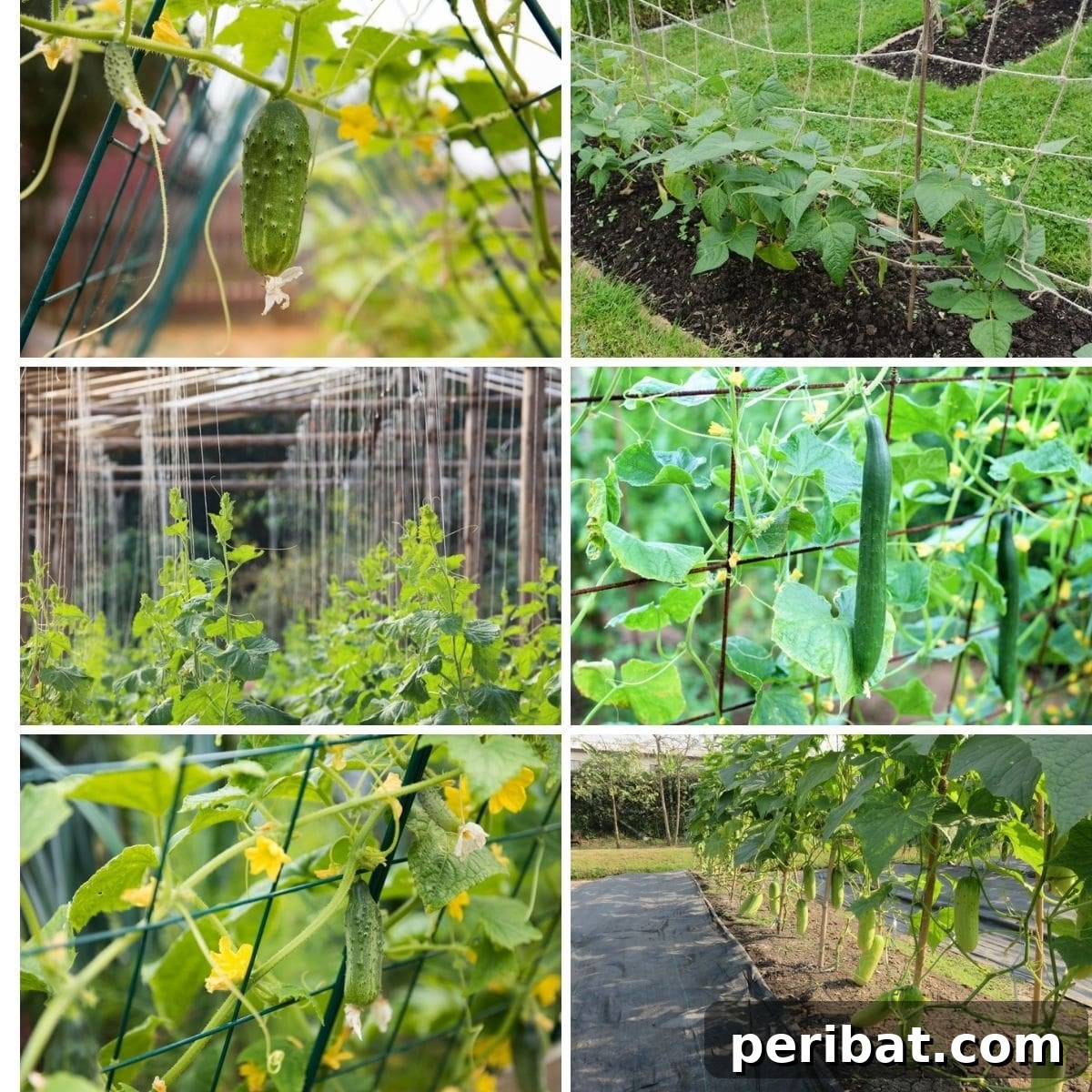 Beautifully trellised cucumber plants reaching for the sky in a vibrant garden
