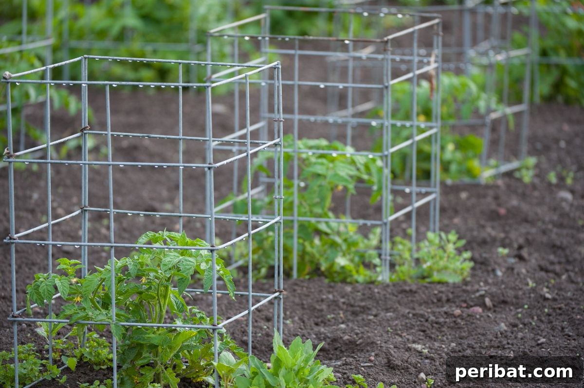 Sturdy plant cage supporting growing plants in a garden