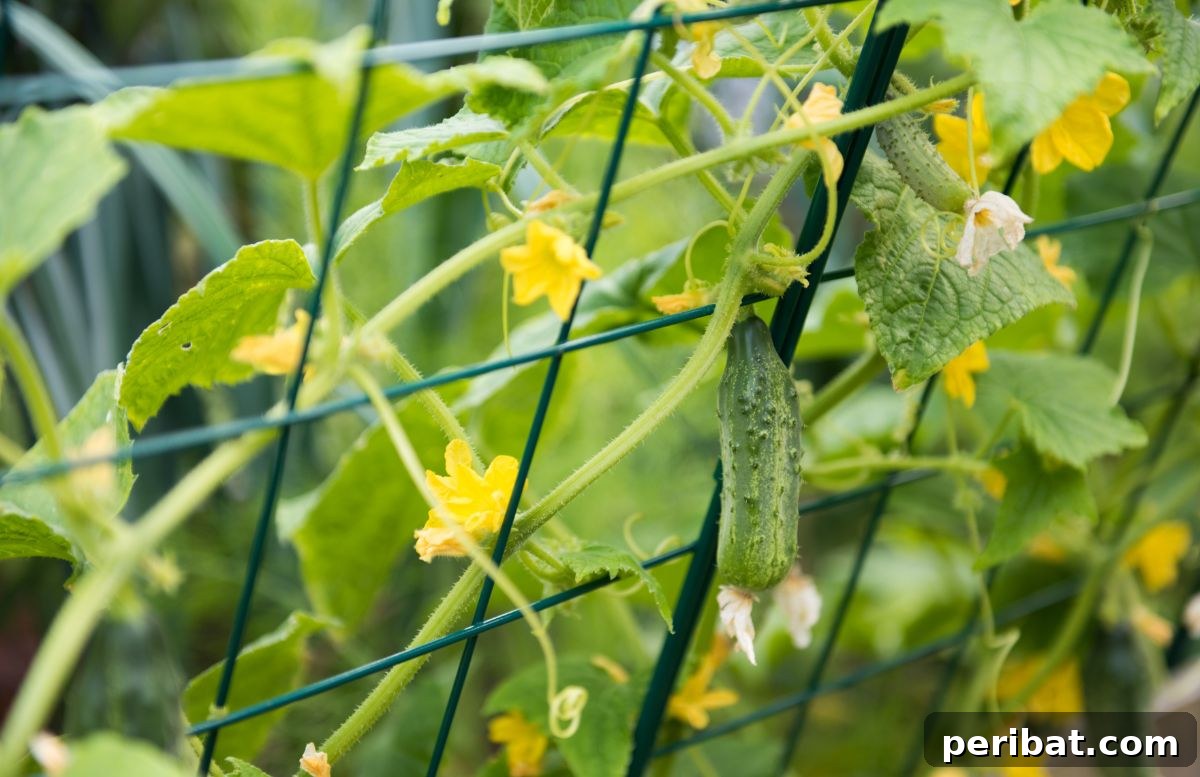 Healthy cucumber plant with ripe fruits hanging on a wire trellis