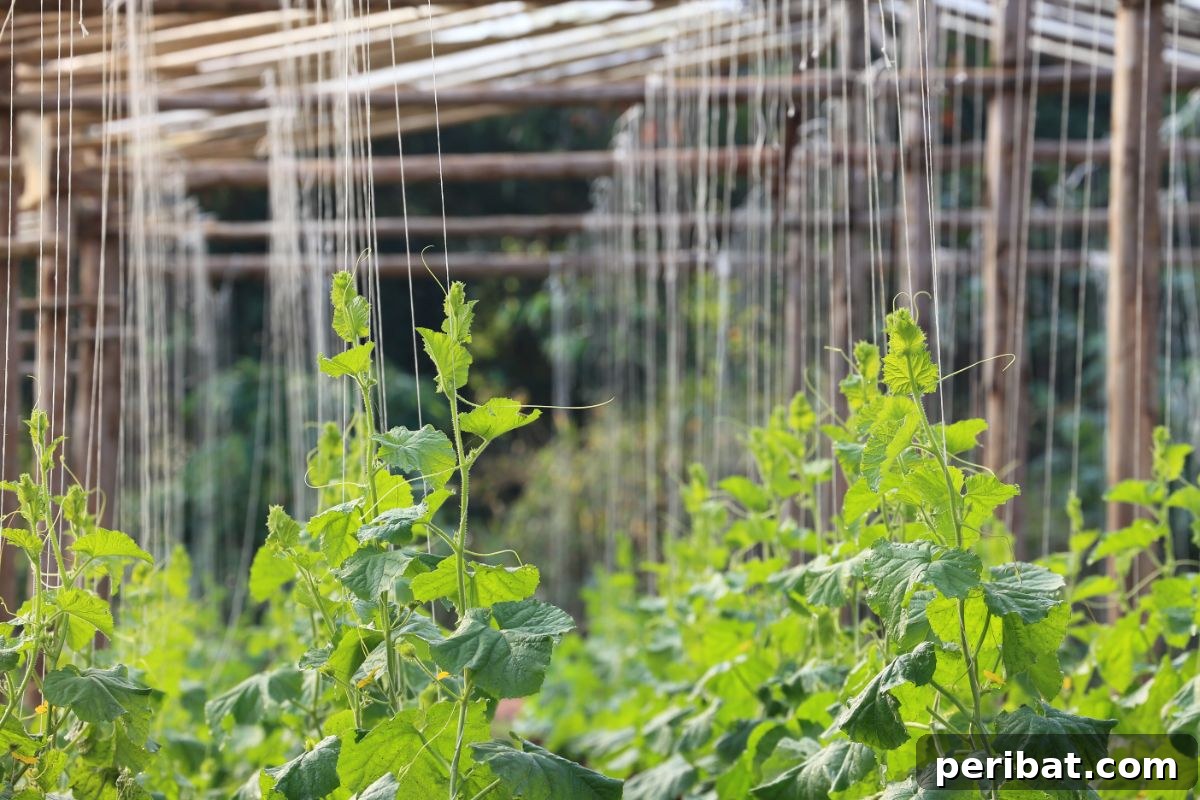 Simple string and wood trellis in a productive garden