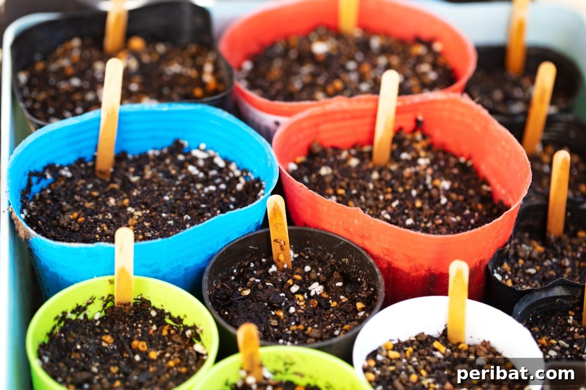 Unlocking Seed Germination: 15 Reasons for Failure and Proven Solutions 8 plastic pots filled with soil with fertilizers and sticks