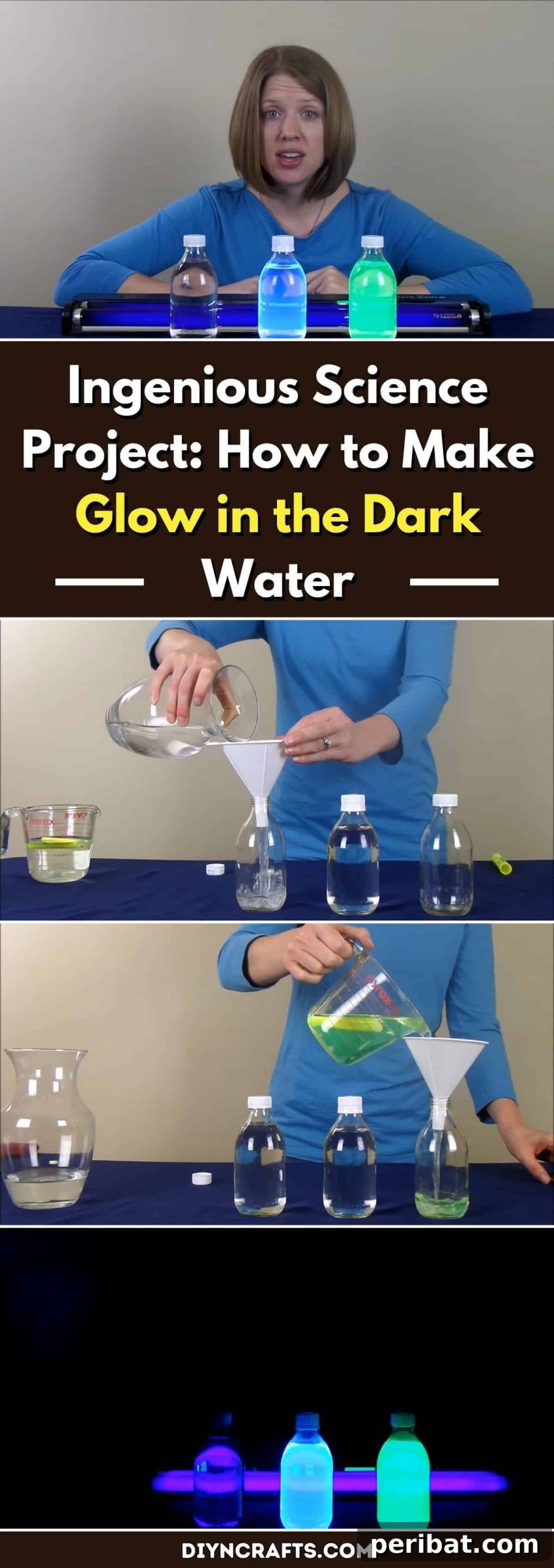DIY Glowing Water Experiment 2 Ingenious Science Project: How to Make Glow in the Dark Water with everyday materials like highlighters and tonic water, illuminated by a UV black light for a stunning fluorescent effect.