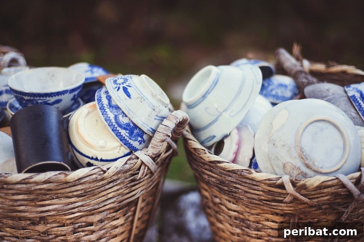 old stock of dish and pots kept in a basket