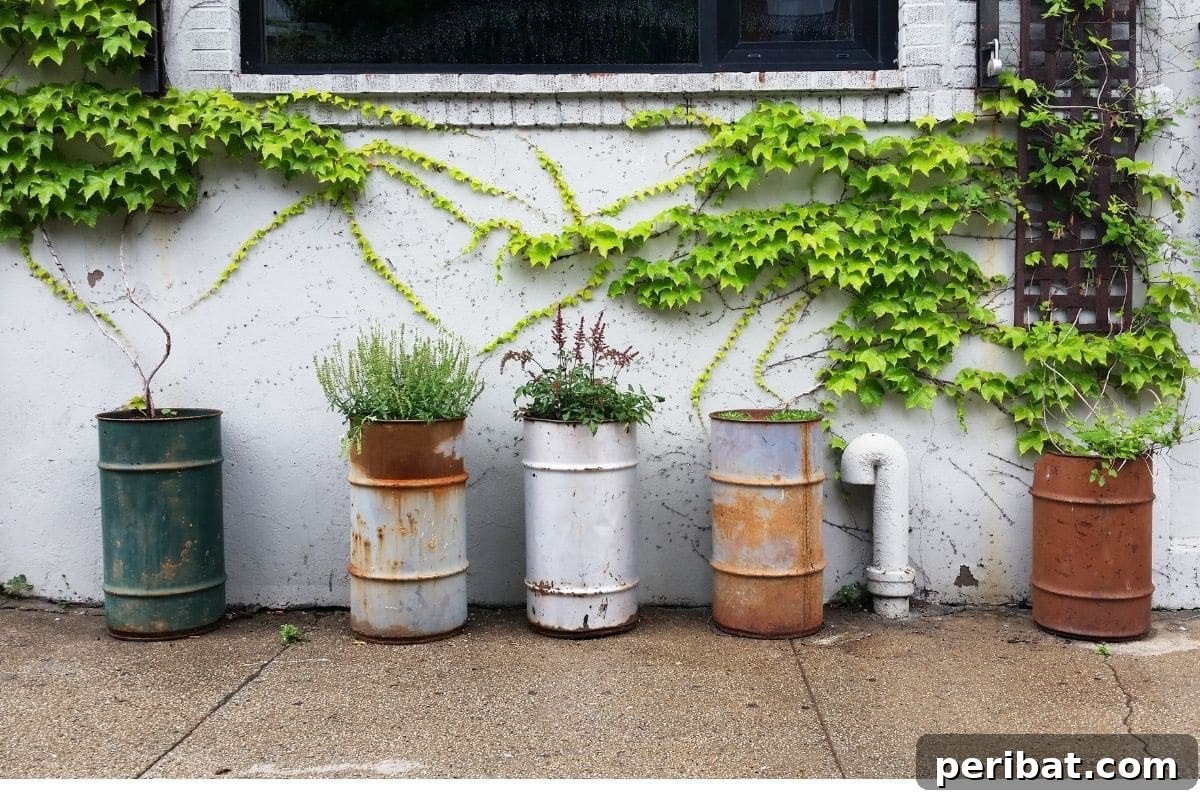 repurposed barrel into a flower pot