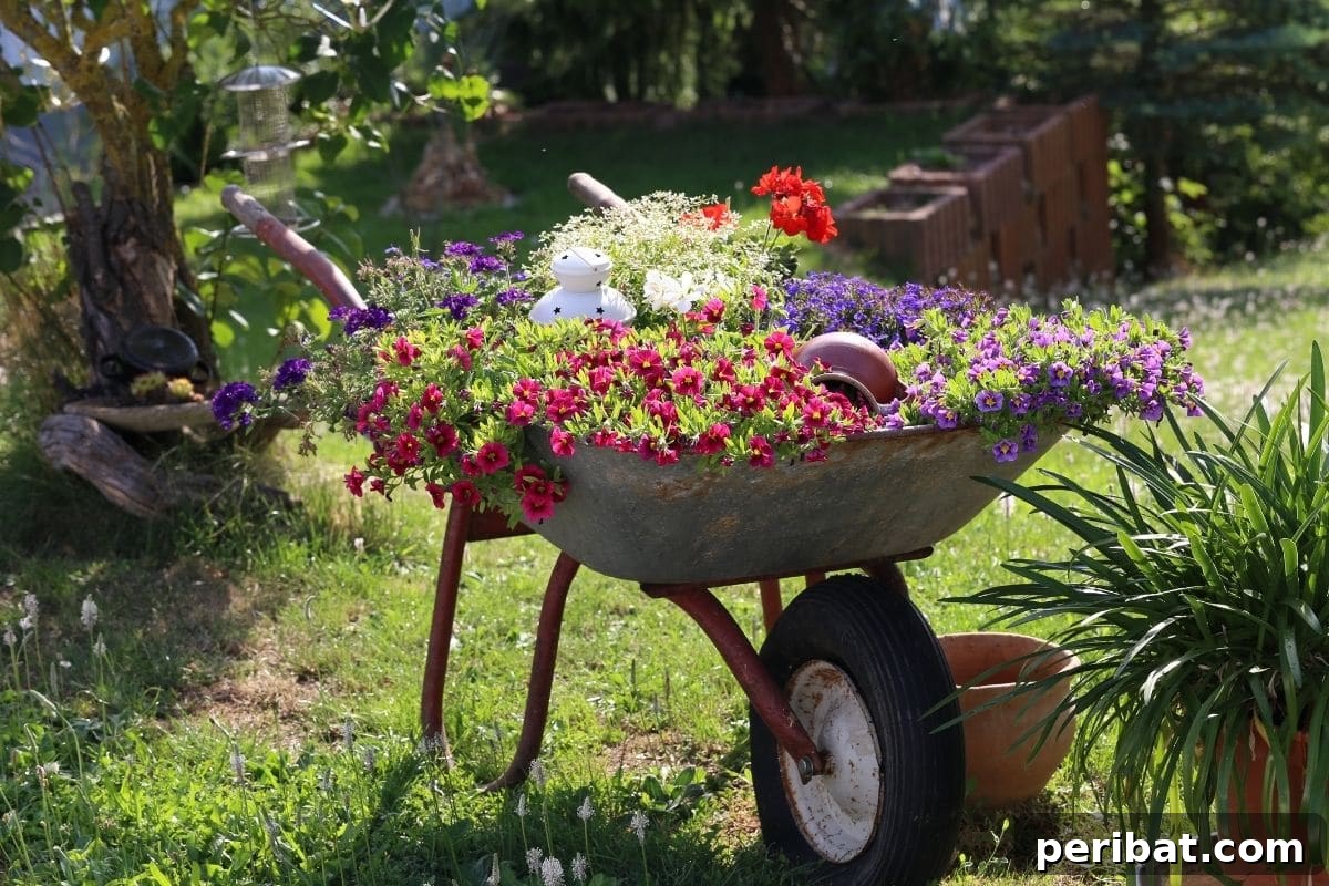 an old wheelbarrow repurposed to a pot for flowers