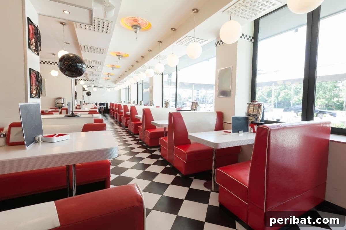 inside of a restaurant with red and white interior colors