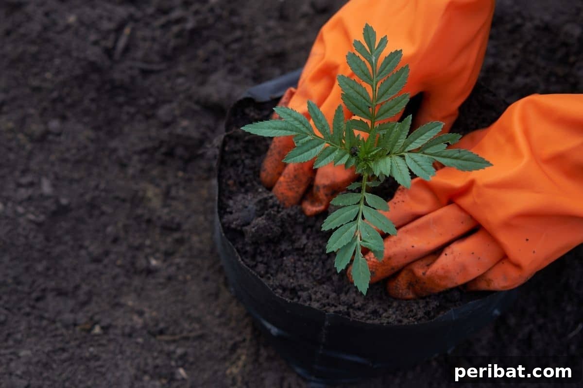 marigold seedling in a pot ready to transplant in the garden